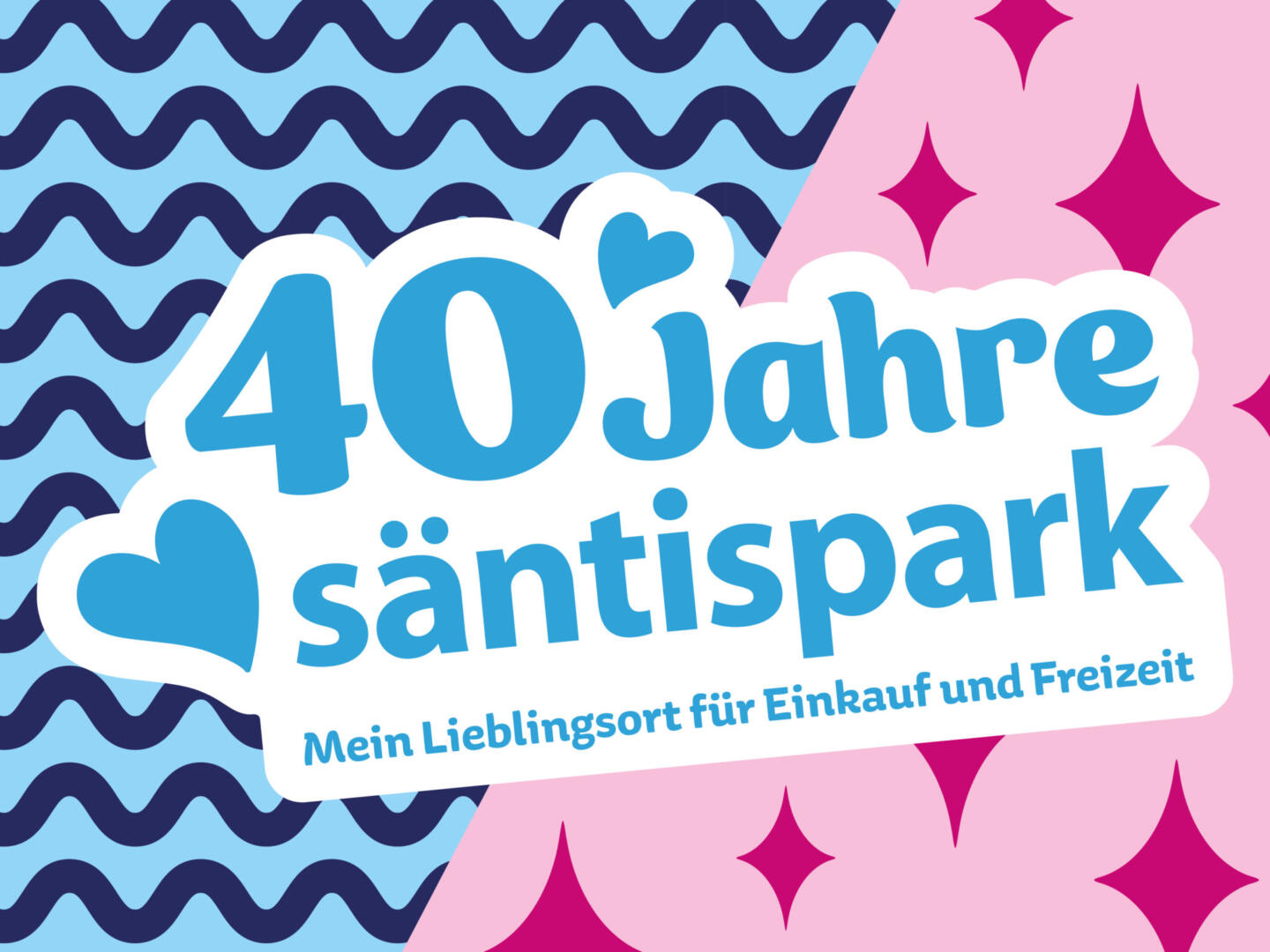 Grafik zum 40-jährigen Jubiläum des Säntisparks mit dem Schriftzug «40 Jahre säntispark – Mein Lieblingsort für Einkauf und Freizeit» auf blau-rosa gemustertem Hintergrund.